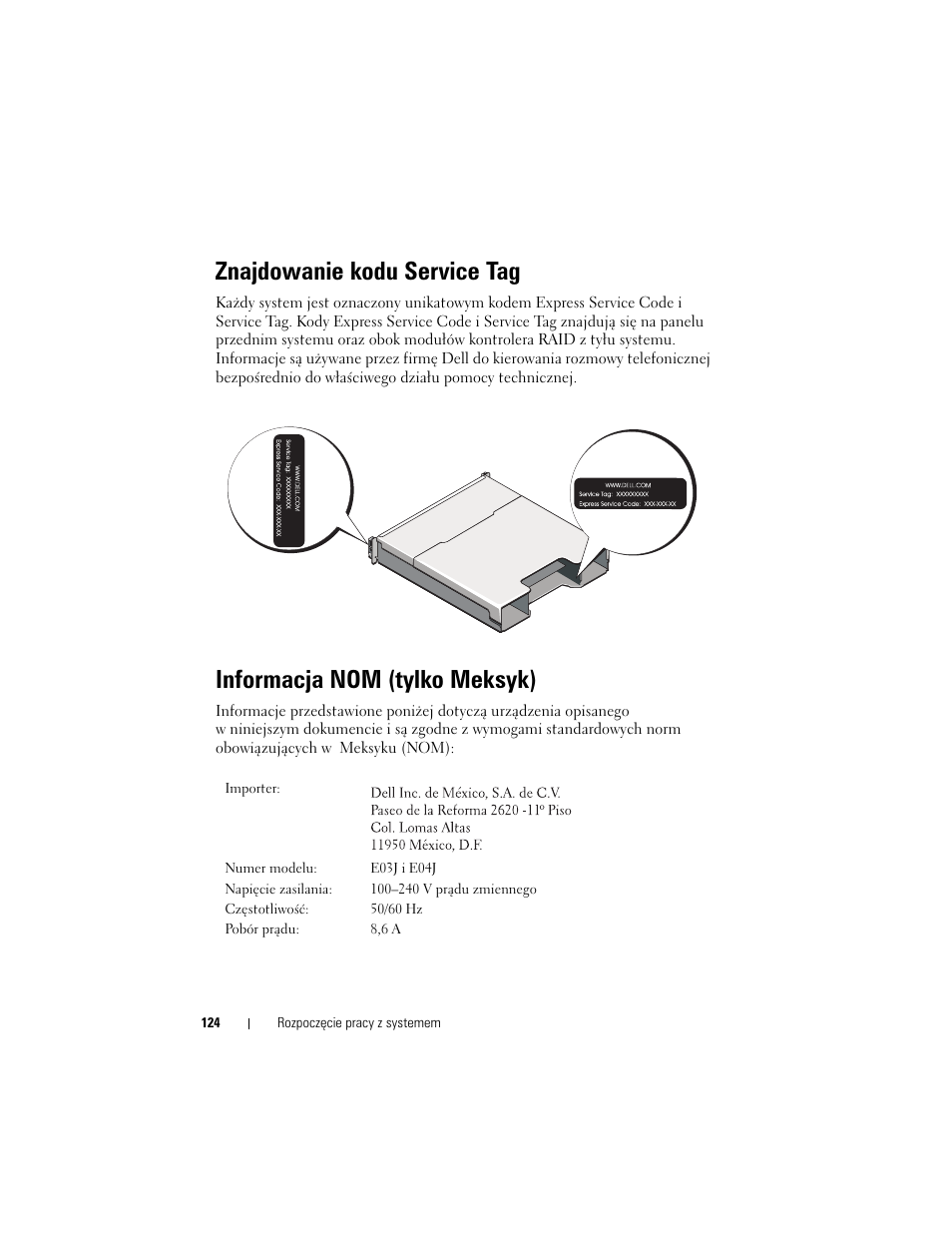 Znajdowanie kodu service tag, Informacja nom (tylko meksyk) | Dell POWERVAULT MD3600F User Manual | Page 126 / 222