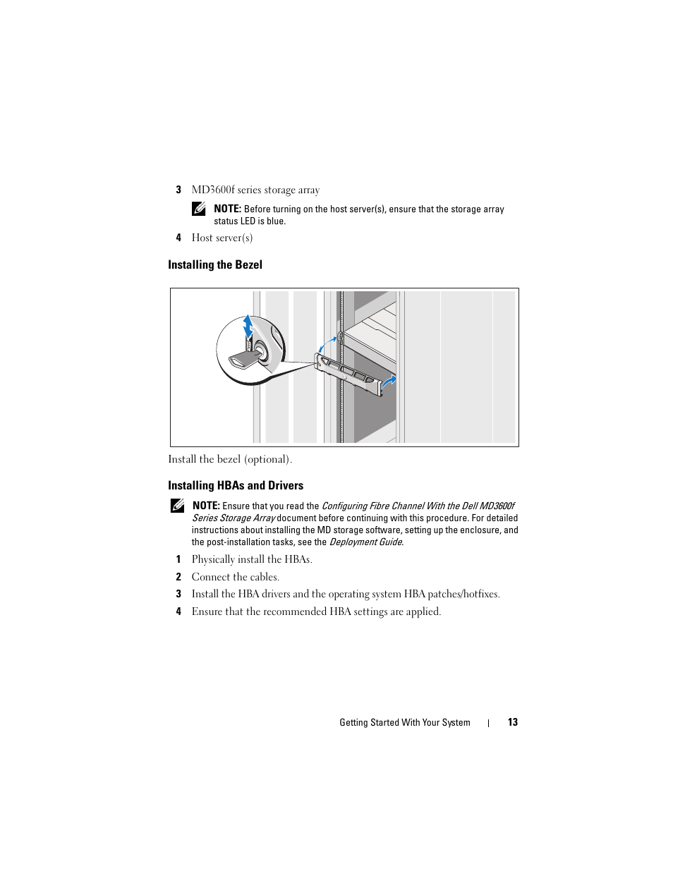 Installing the bezel, Installing hbas and drivers | Dell POWERVAULT MD3600F User Manual | Page 15 / 222