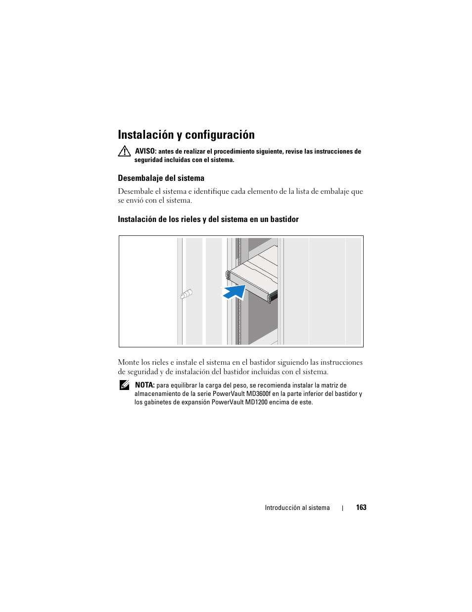 Instalación y configuración, Desembalaje del sistema | Dell POWERVAULT MD3600F User Manual | Page 165 / 222