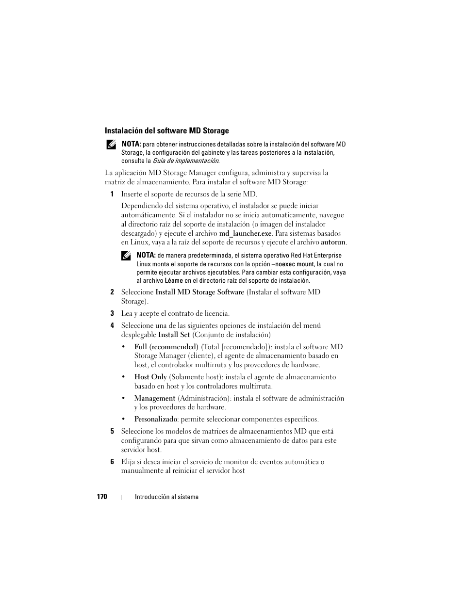 Instalación del software md storage | Dell POWERVAULT MD3600F User Manual | Page 172 / 222