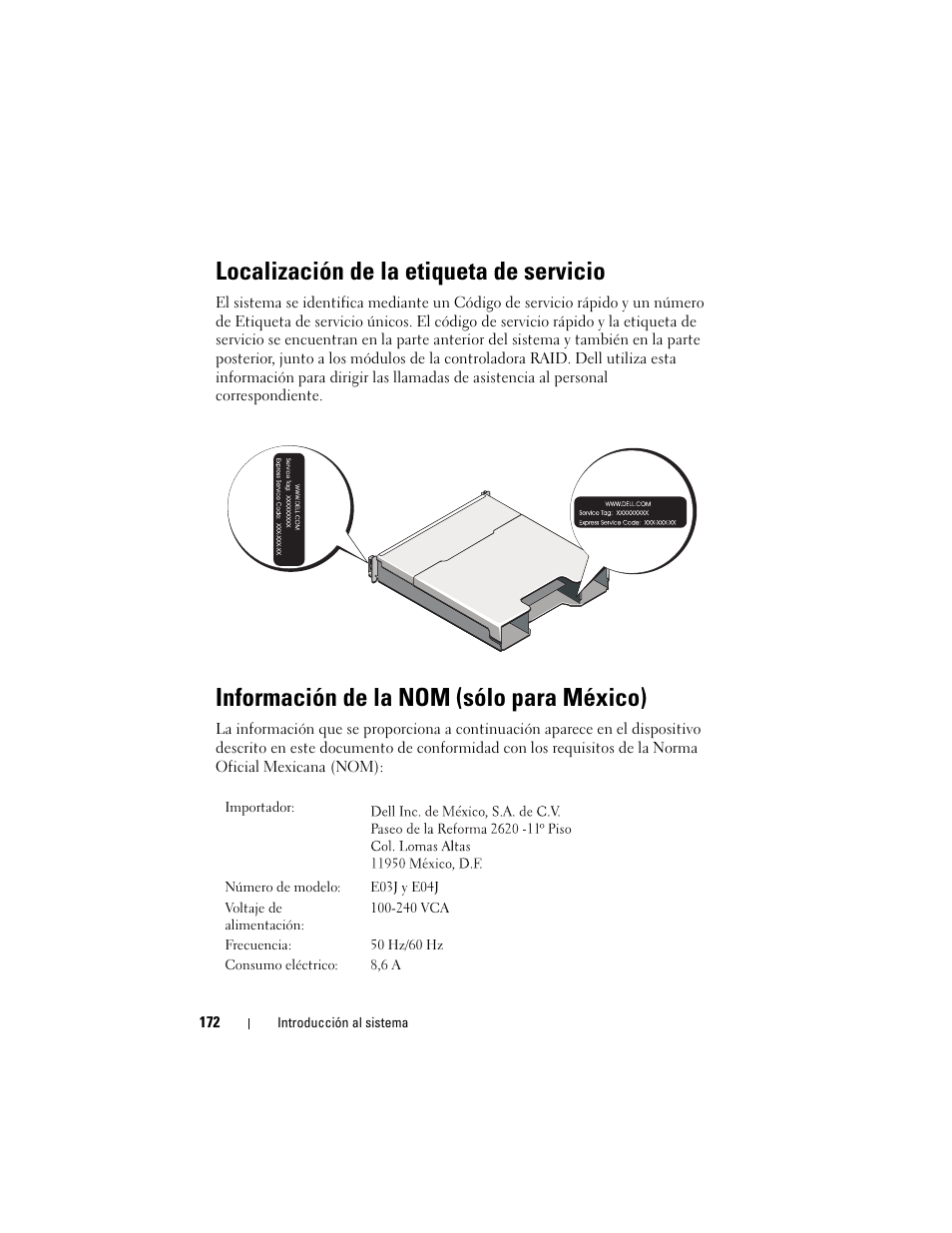 Localización de la etiqueta de servicio, Información de la nom (sólo para méxico) | Dell POWERVAULT MD3600F User Manual | Page 174 / 222