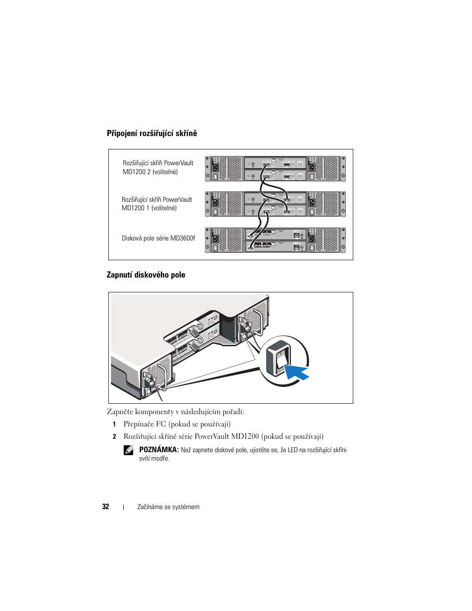 Připojení rozšiřující skříně, Zapnutí diskového pole | Dell POWERVAULT MD3600F User Manual | Page 34 / 222