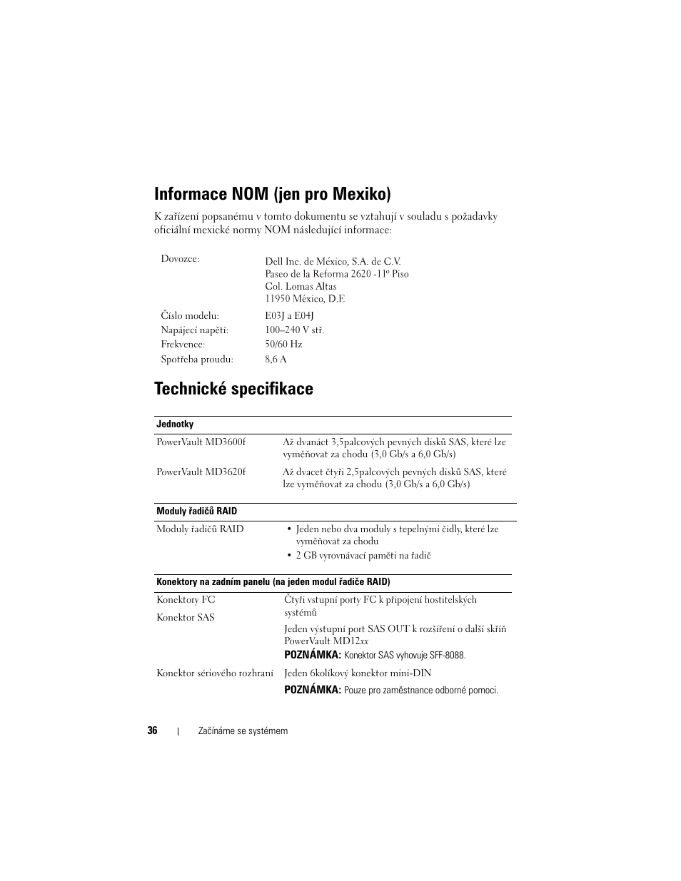 Informace nom (jen pro mexiko), Technické specifikace | Dell POWERVAULT MD3600F User Manual | Page 38 / 222