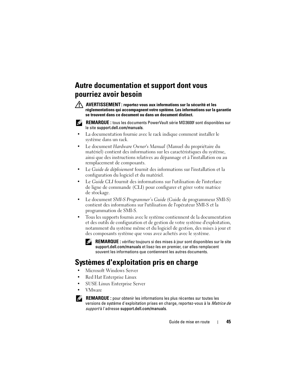 Systèmes d'exploitation pris en charge | Dell POWERVAULT MD3600F User Manual | Page 47 / 222