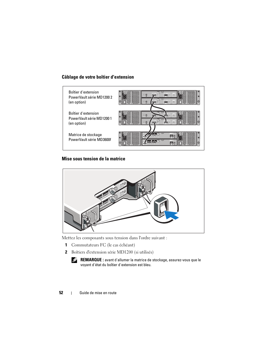Câblage de votre boîtier d'extension, Mise sous tension de la matrice | Dell POWERVAULT MD3600F User Manual | Page 54 / 222