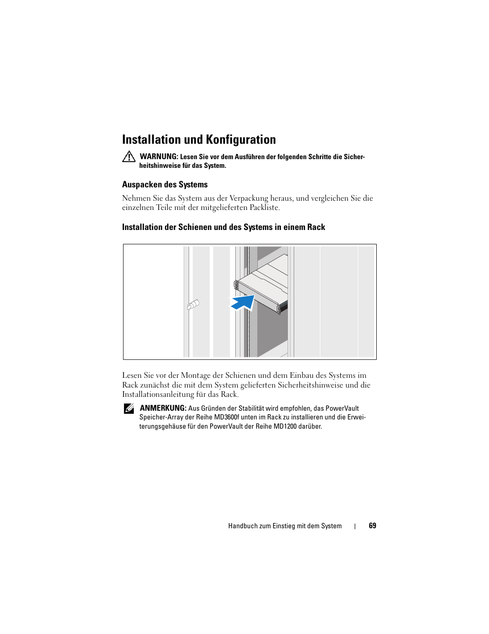 Installation und konfiguration, Auspacken des systems | Dell POWERVAULT MD3600F User Manual | Page 71 / 222