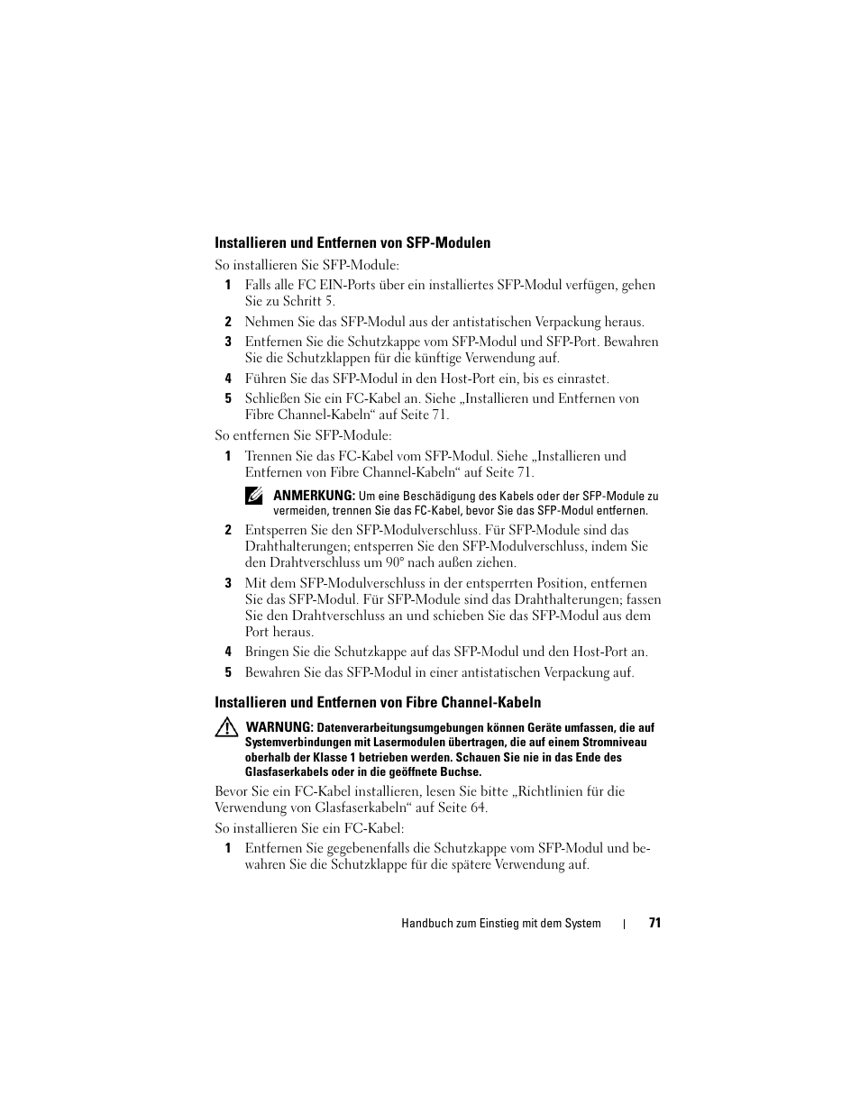 Installieren und entfernen von sfp-modulen | Dell POWERVAULT MD3600F User Manual | Page 73 / 222