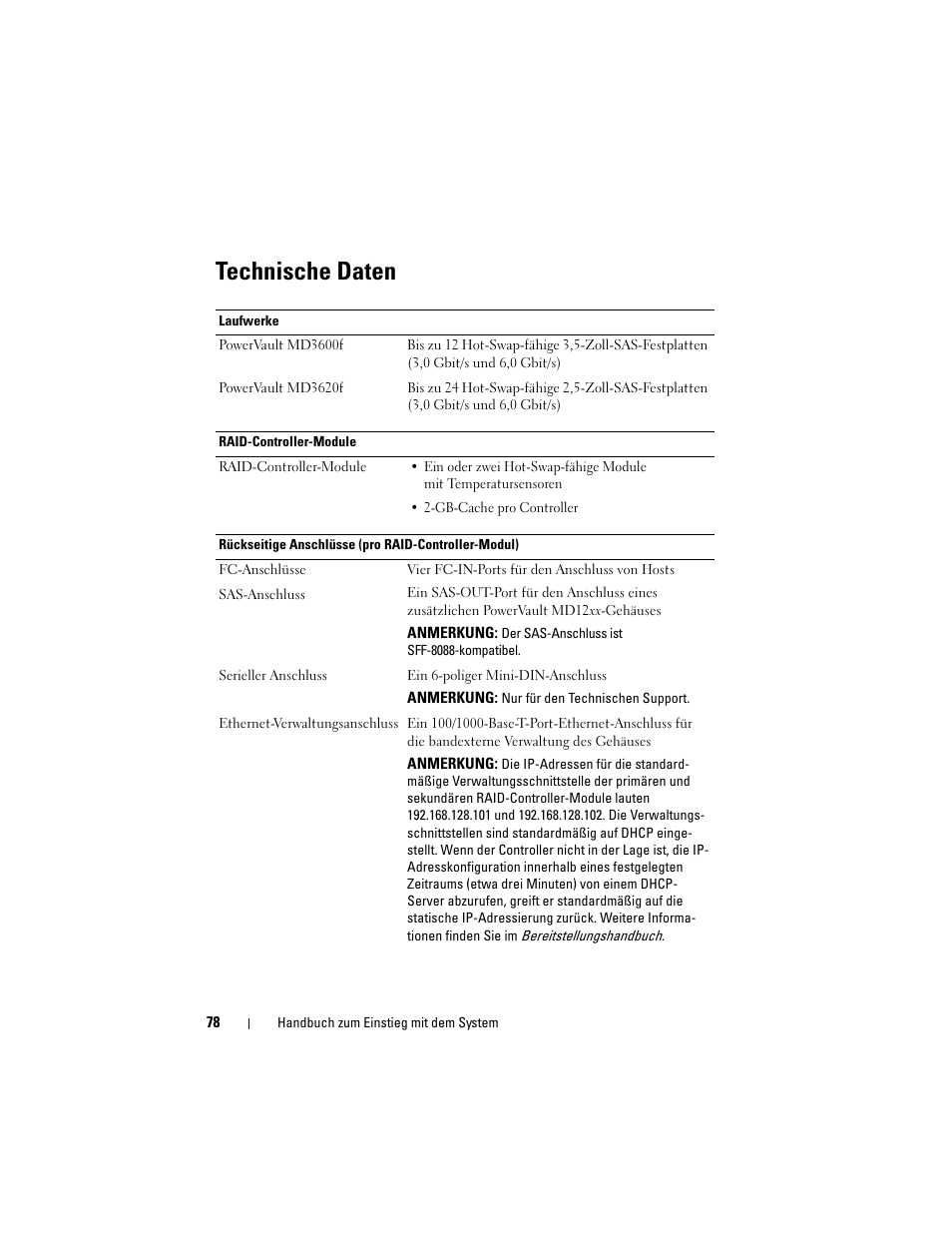 Technische daten | Dell POWERVAULT MD3600F User Manual | Page 80 / 222