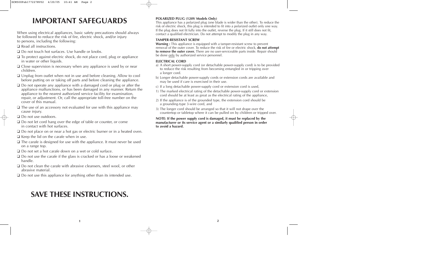 Important safeguards, Save these instructions | Black & Decker DCM500 Series User Manual | Page 2 / 13