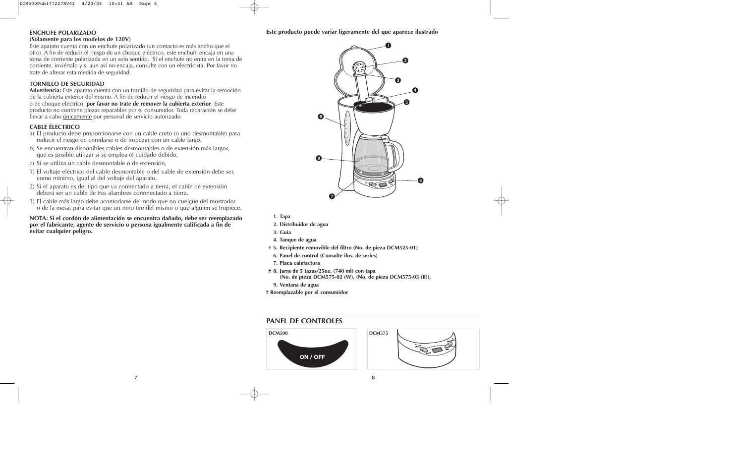 Panel de controles | Black & Decker DCM500 Series User Manual | Page 5 / 13