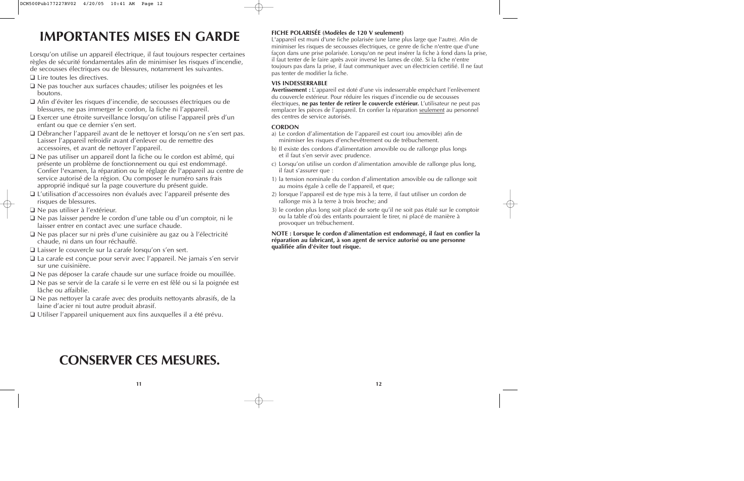 Importantes mises en garde conserver ces mesures | Black & Decker DCM500 Series User Manual | Page 7 / 13