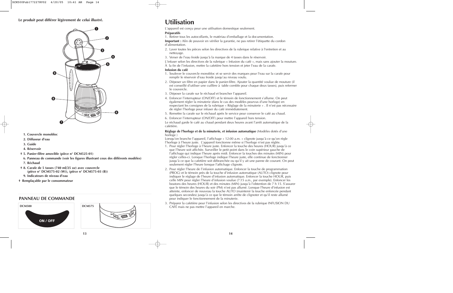 Utilisation, Panneau de commande | Black & Decker DCM500 Series User Manual | Page 8 / 13