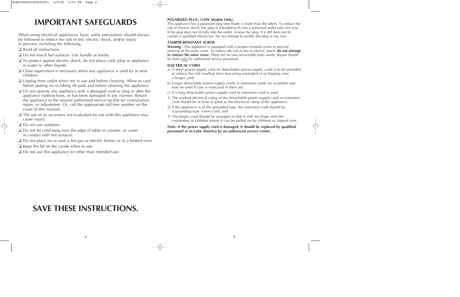 Important safeguards, Save these instructions | Black & Decker DCM2590 User Manual | Page 2 / 13