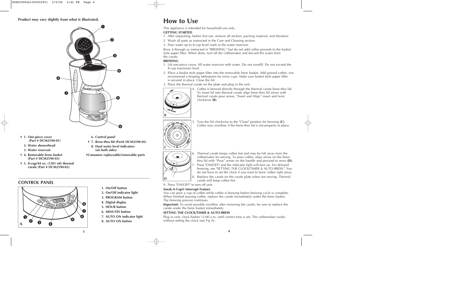 How to use, Control panel | Black & Decker DCM2590 User Manual | Page 3 / 13