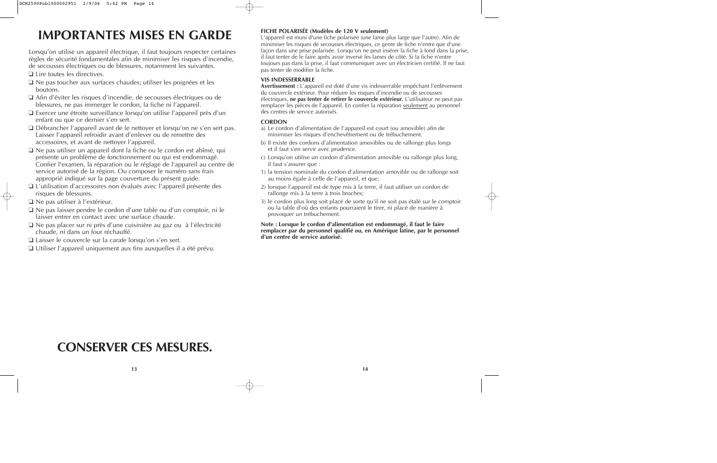 Importantes mises en garde conserver ces mesures | Black & Decker DCM2590 User Manual | Page 8 / 13