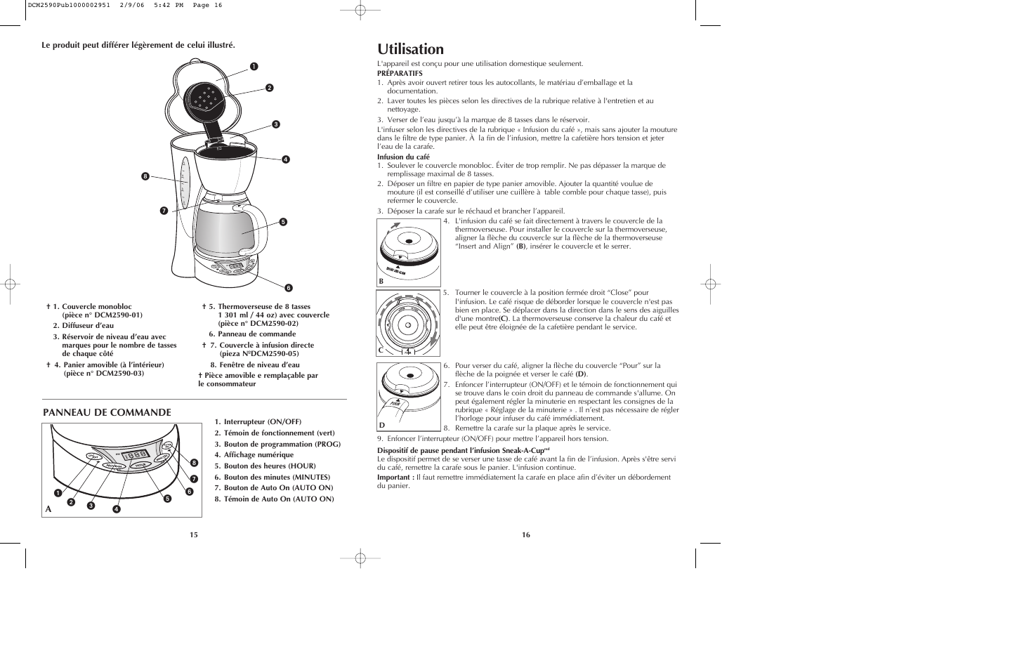 Utilisation, Panneau de commande | Black & Decker DCM2590 User Manual | Page 9 / 13