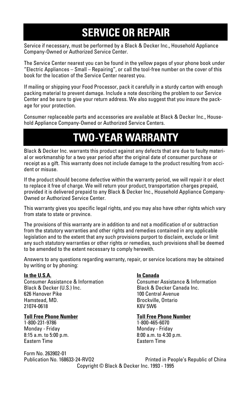 Service or repair, Warranty, Service or repair two-year warranty | Black & Decker FP1000 User Manual | Page 22 / 23