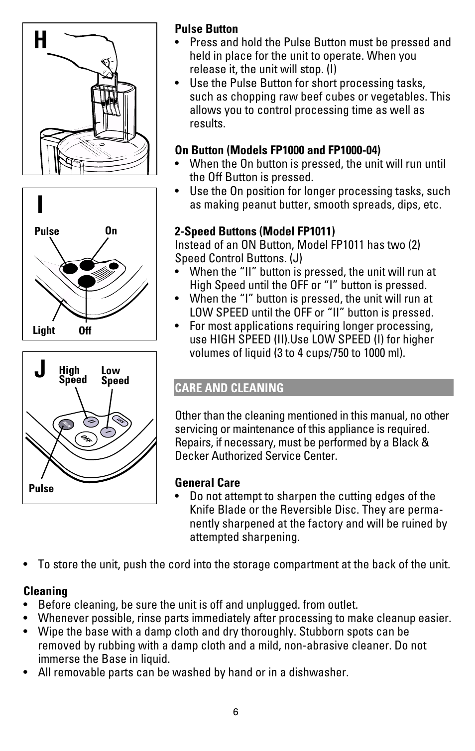 Care & cleaning, Hi j | Black & Decker FP1000 User Manual | Page 6 / 23