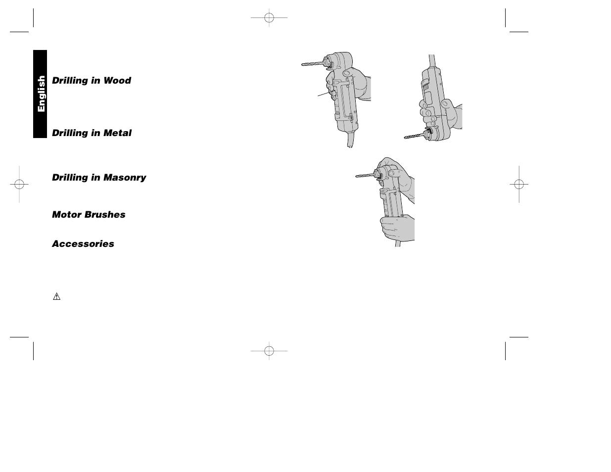 Drilling in wood, Drilling in metal, Drilling in masonry | Motor brushes, Accessories, English | Black & Decker 384292-00 User Manual | Page 7 / 24