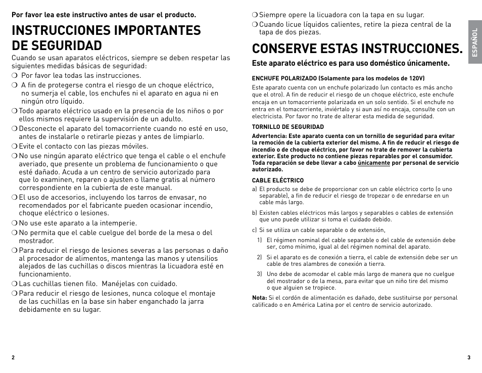 Instrucciones importantes de seguridad, Conserve estas instrucciones | Black & Decker BLBD10GWUC User Manual | Page 2 / 17