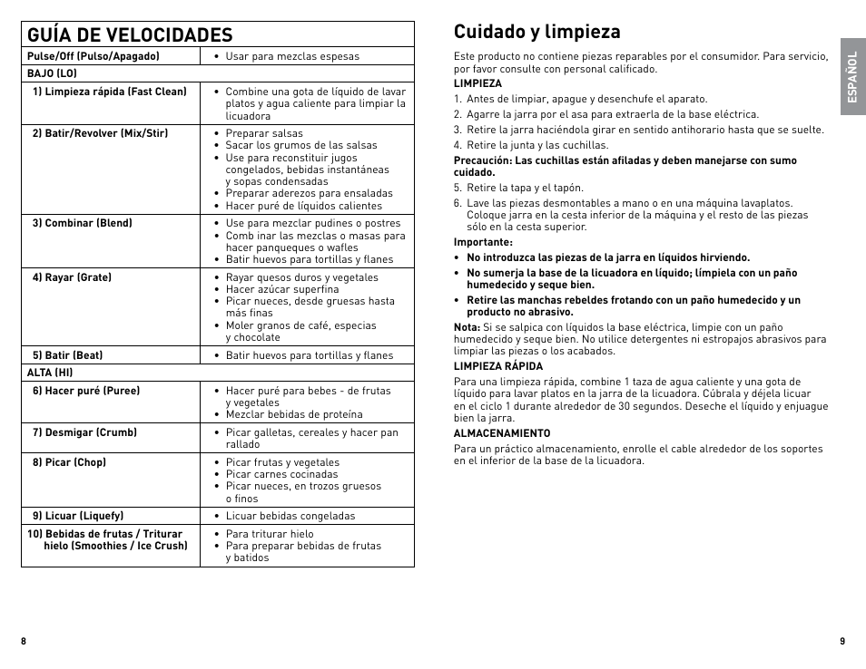 Guía de velocidades, Cuidado y limpieza | Black & Decker BLBD10GWUC User Manual | Page 5 / 17