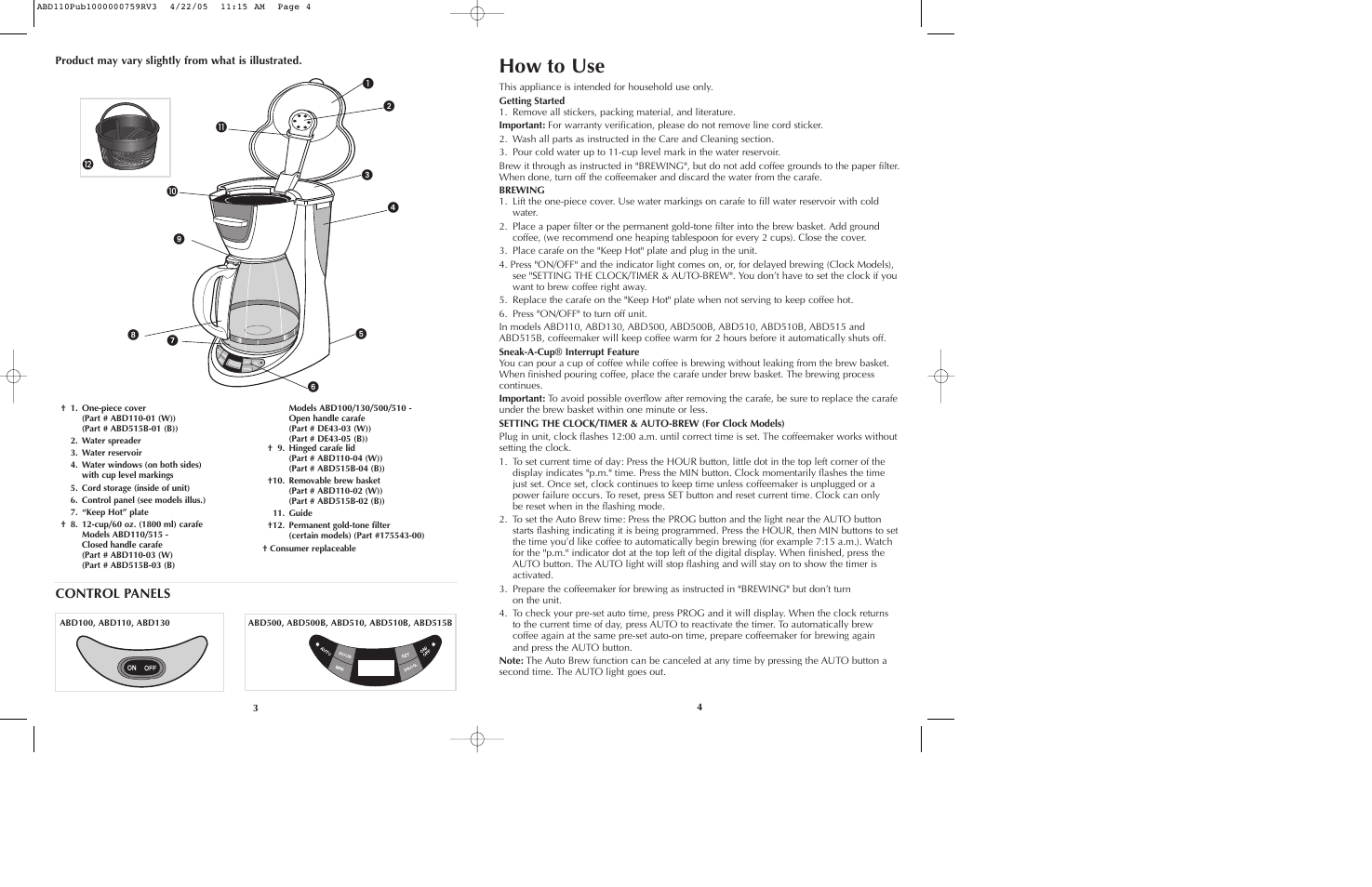 How to use, Control panels | Black & Decker ABD100 User Manual | Page 3 / 13
