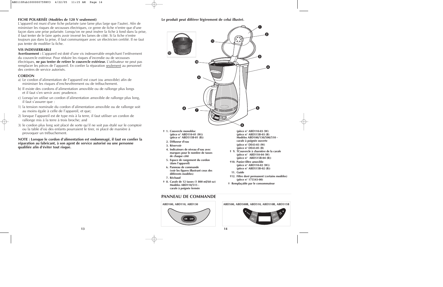 Panneau de commande | Black & Decker ABD100 User Manual | Page 8 / 13