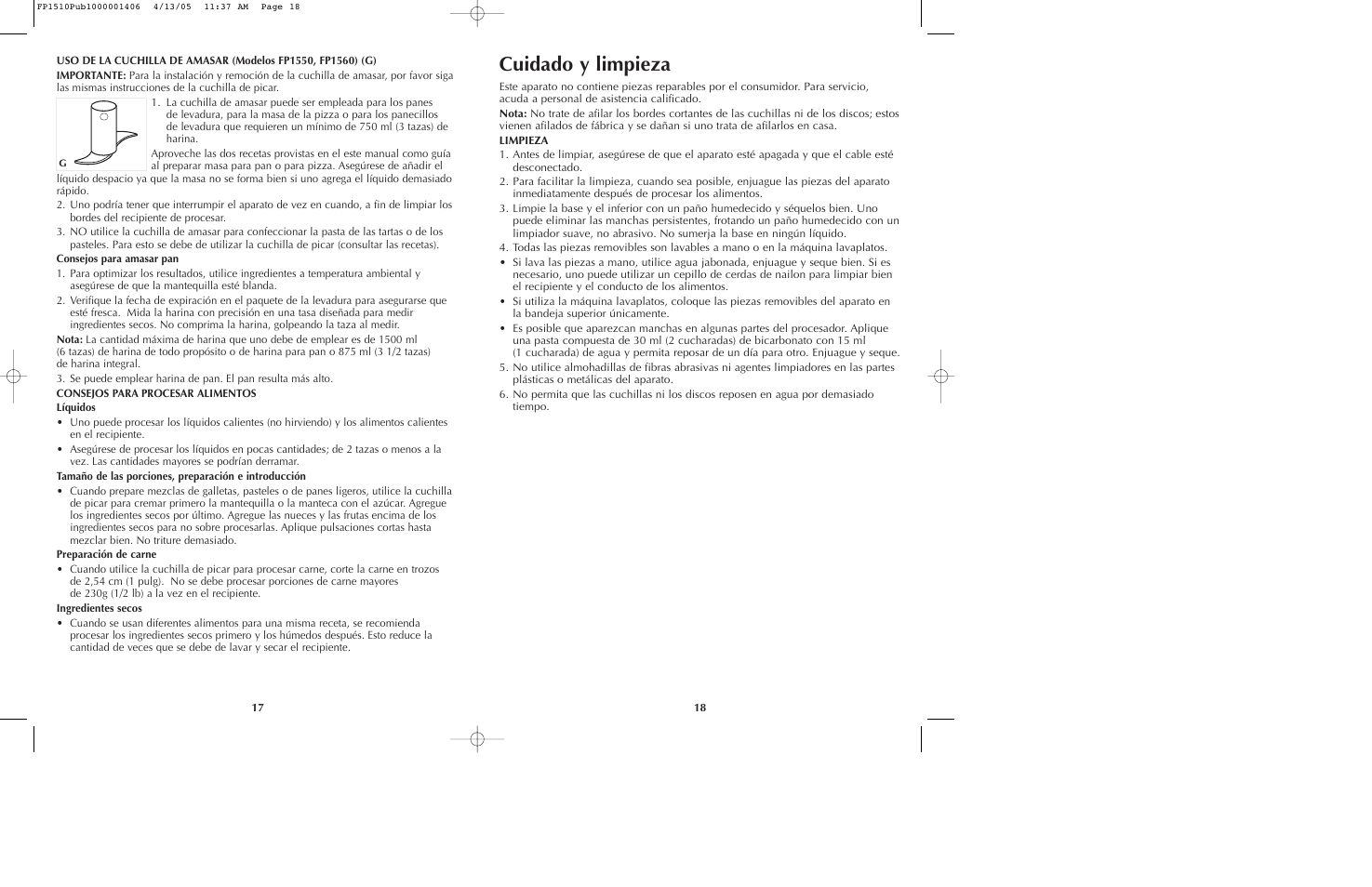 Cuidado y limpieza | Black & Decker FP1510 User Manual | Page 10 / 23