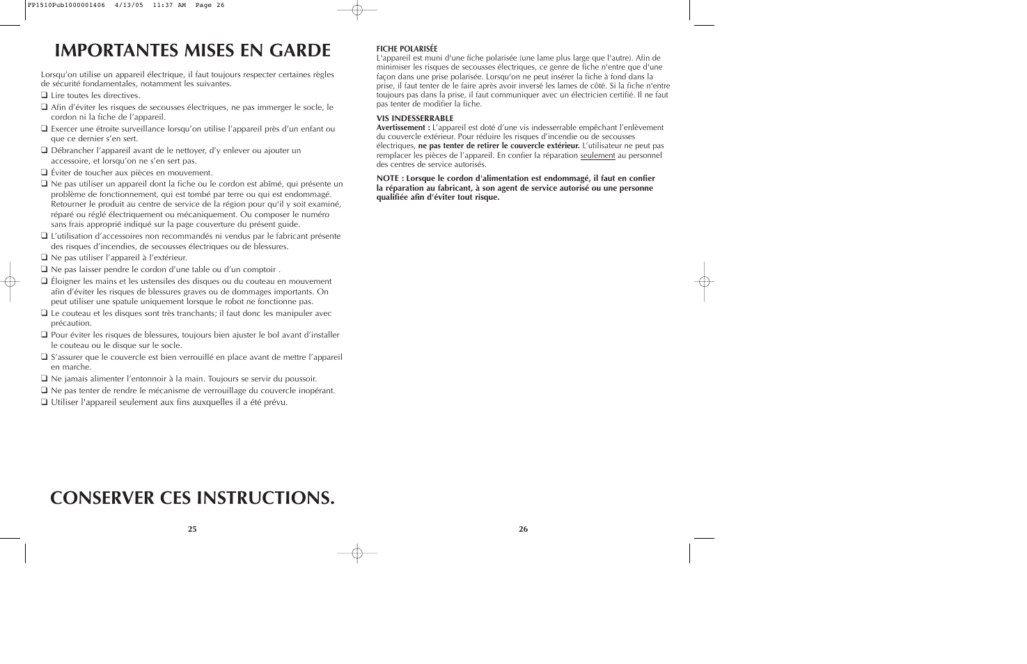 Importantes mises en garde, Conserver ces instructions | Black & Decker FP1510 User Manual | Page 14 / 23