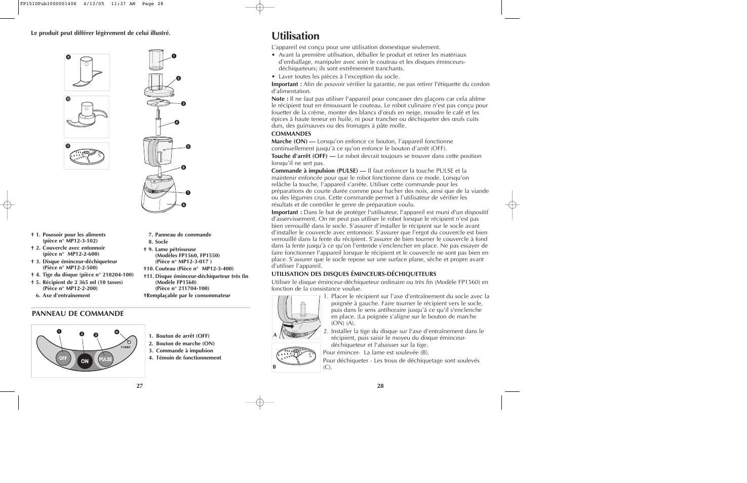 Utilisation, Panneau de commande | Black & Decker FP1510 User Manual | Page 15 / 23