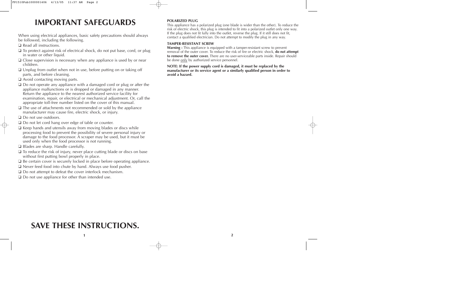 Important safeguards save these instructions | Black & Decker FP1510 User Manual | Page 2 / 23