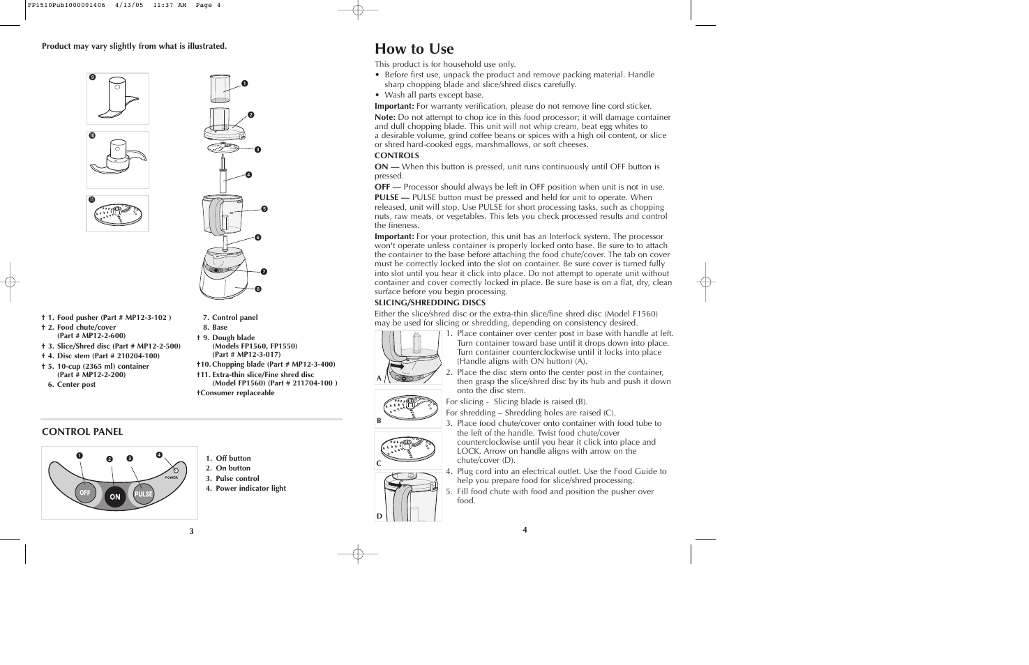 How to use, Control panel | Black & Decker FP1510 User Manual | Page 3 / 23