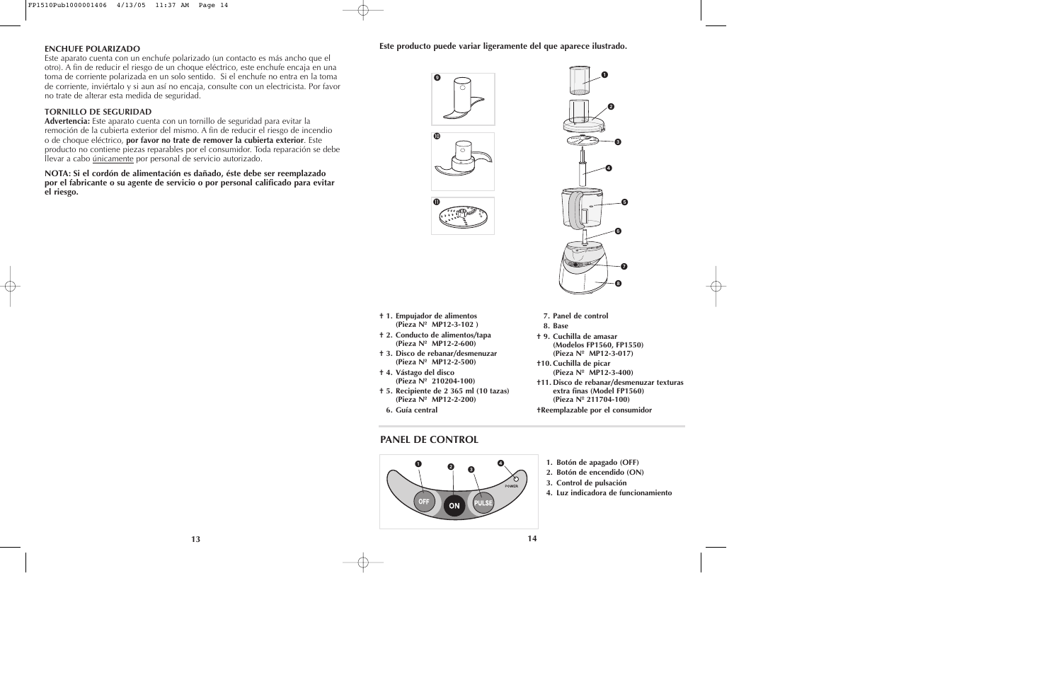 Panel de control | Black & Decker FP1510 User Manual | Page 8 / 23