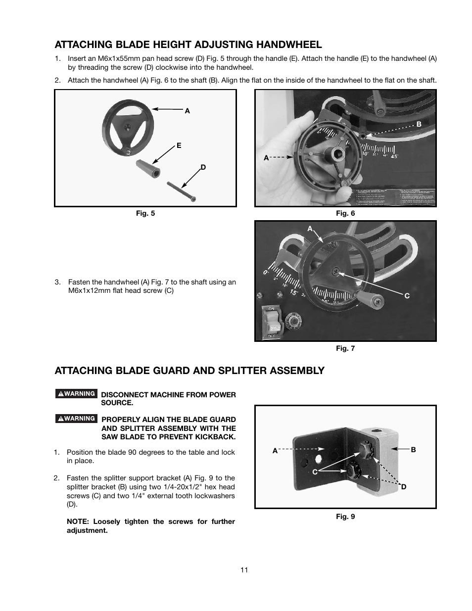 Attaching blade height adjusting handwheel, Attaching blade guard and splitter assembly | Black & Decker 489051-00 User Manual | Page 11 / 56