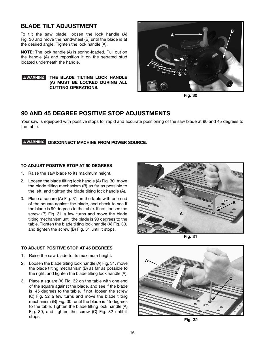 Blade tilt adjustment, 90 and 45 degree positive stop adjustments | Black & Decker 489051-00 User Manual | Page 16 / 56