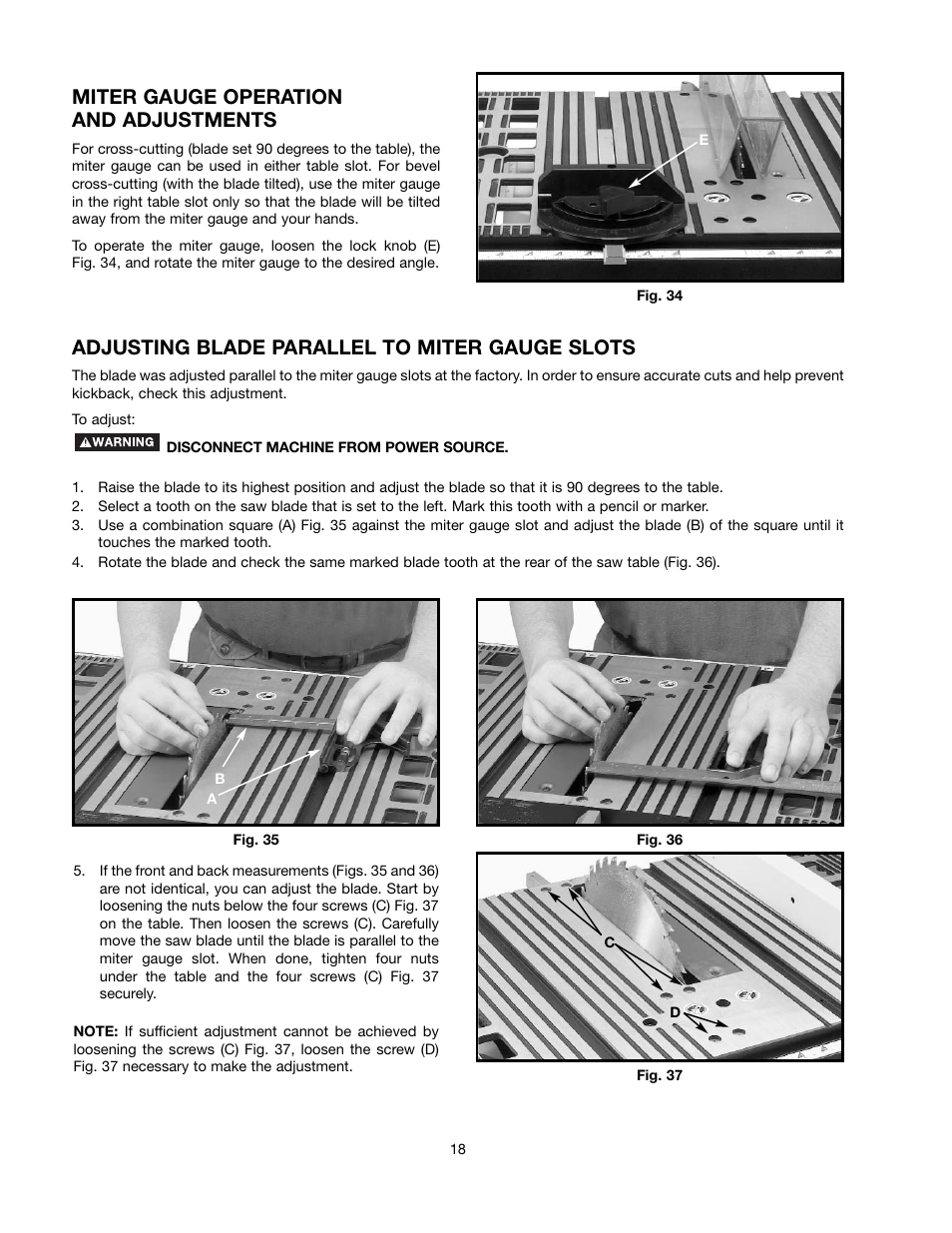 Miter gauge operation and adjustments, Adjusting blade parallel to miter gauge slots | Black & Decker 489051-00 User Manual | Page 18 / 56