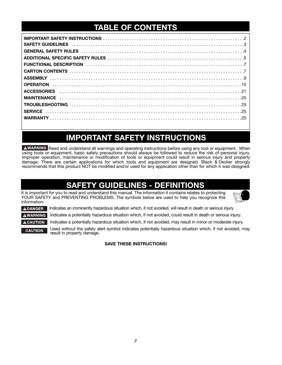 Safety guidelines - definitions table of contents, Important safety instructions | Black & Decker 489051-00 User Manual | Page 2 / 56