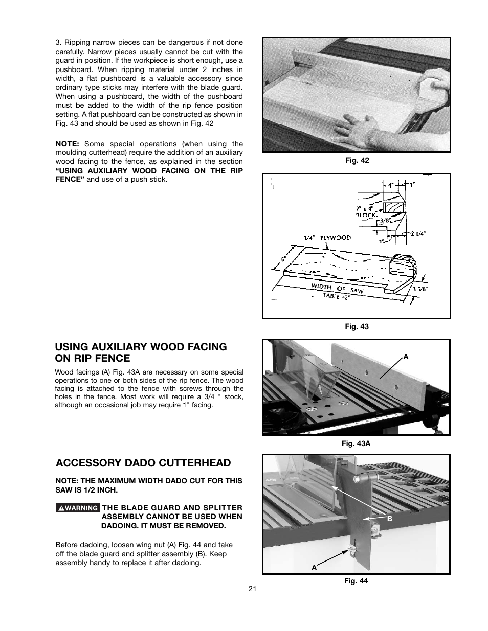 Accessory dado cutterhead, Using auxiliary wood facing on rip fence | Black & Decker 489051-00 User Manual | Page 21 / 56