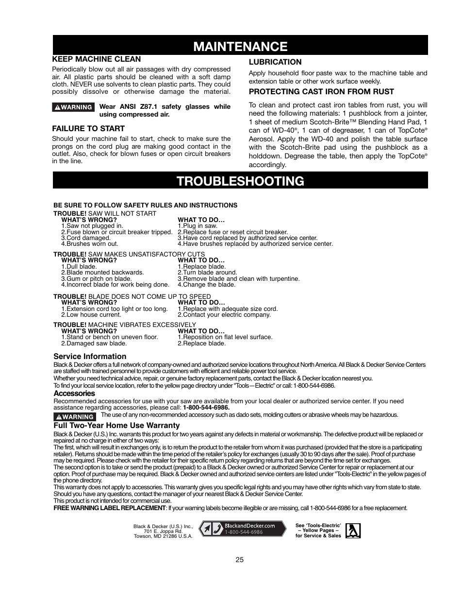 Maintenance, Troubleshooting | Black & Decker 489051-00 User Manual | Page 25 / 56