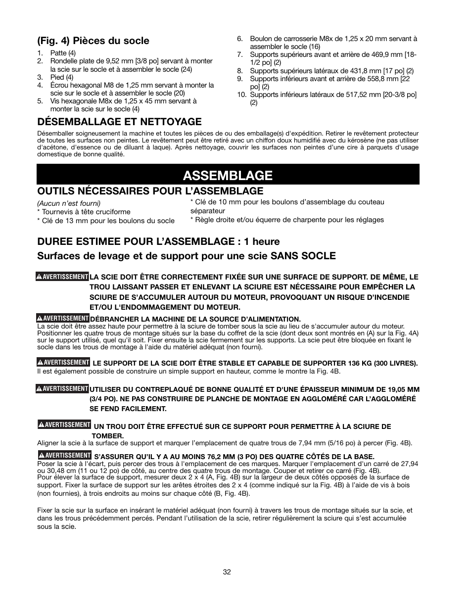 Assemblage, Fig. 4) pièces du socle, Désemballage et nettoyage | Outils nécessaires pour l’assemblage | Black & Decker 489051-00 User Manual | Page 32 / 56