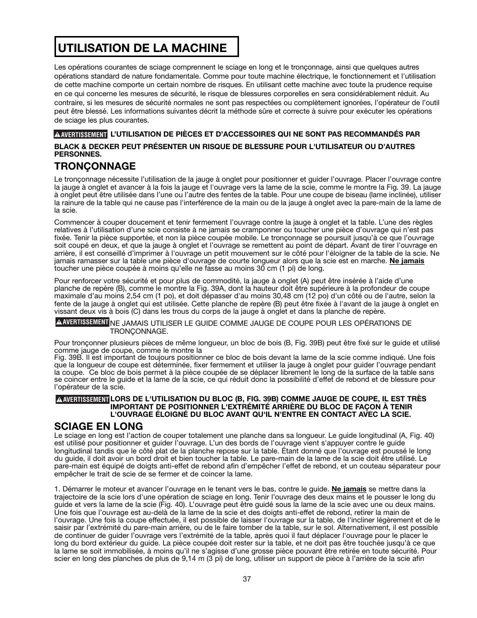 Utilisation de la machine, Tronçonnage, Sciage en long | Black & Decker 489051-00 User Manual | Page 37 / 56