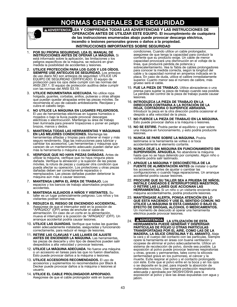 Normas generales de seguridad | Black & Decker 489051-00 User Manual | Page 43 / 56