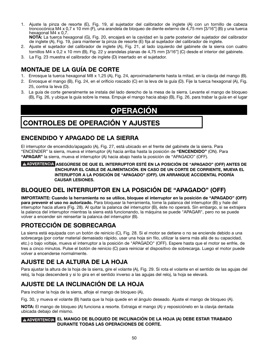 Operación, Controles de operación y ajustes, Montaje de la guía de corte | Encendido y apagado de la sierra, Protección de sobrecarga, Ajuste de la altura de la hoja, Ajuste de la inclinación de la hoja | Black & Decker 489051-00 User Manual | Page 50 / 56