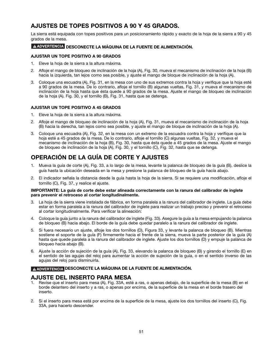 Ajustes de topes positivos a 90 y 45 grados, Operación de la guía de corte y ajustes, Ajuste del inserto para mesa | Black & Decker 489051-00 User Manual | Page 51 / 56