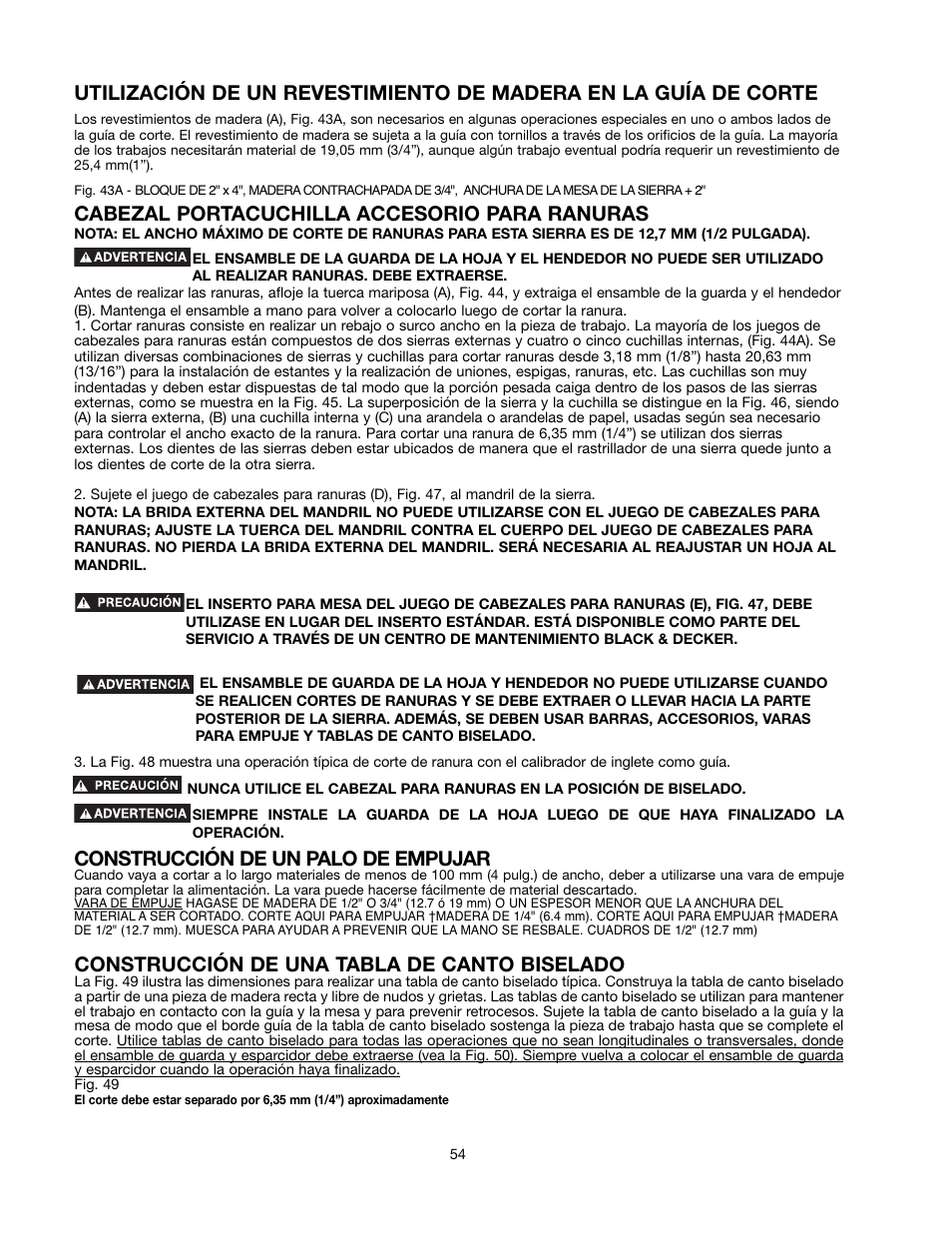 Construcción de una tabla de canto biselado, Cabezal portacuchilla accesorio para ranuras, Construcción de un palo de empujar | Black & Decker 489051-00 User Manual | Page 54 / 56