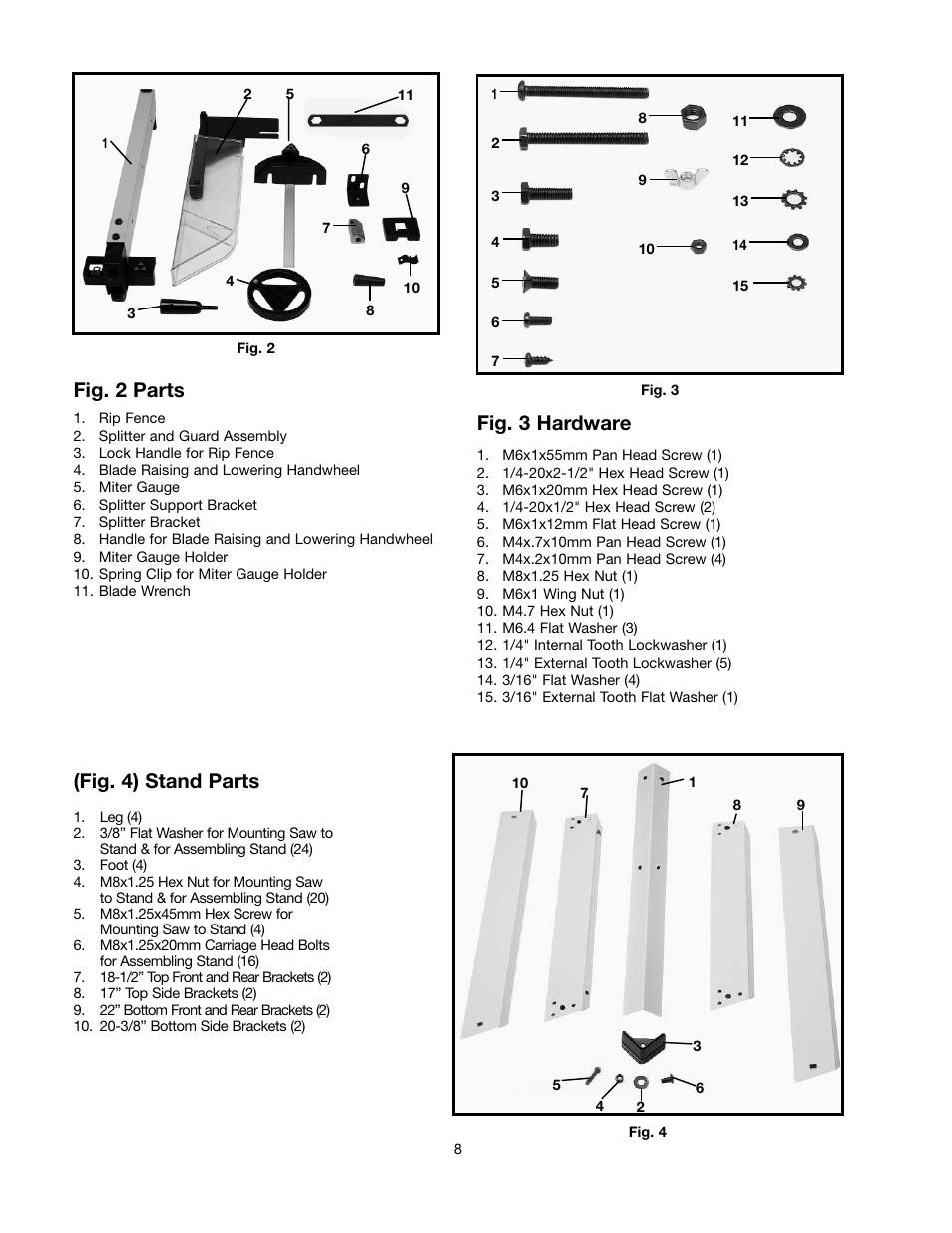 Fig. 4) stand parts, Fig. 2 parts, Fig. 3 hardware | Black & Decker 489051-00 User Manual | Page 8 / 56