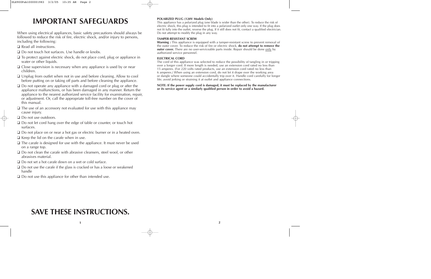 Important safeguards, Save these instructions | Black & Decker DLX850 User Manual | Page 2 / 15