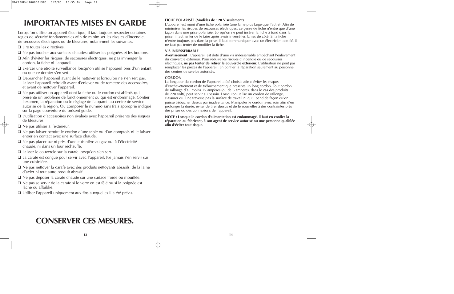 Importantes mises en garde conserver ces mesures | Black & Decker DLX850 User Manual | Page 8 / 15