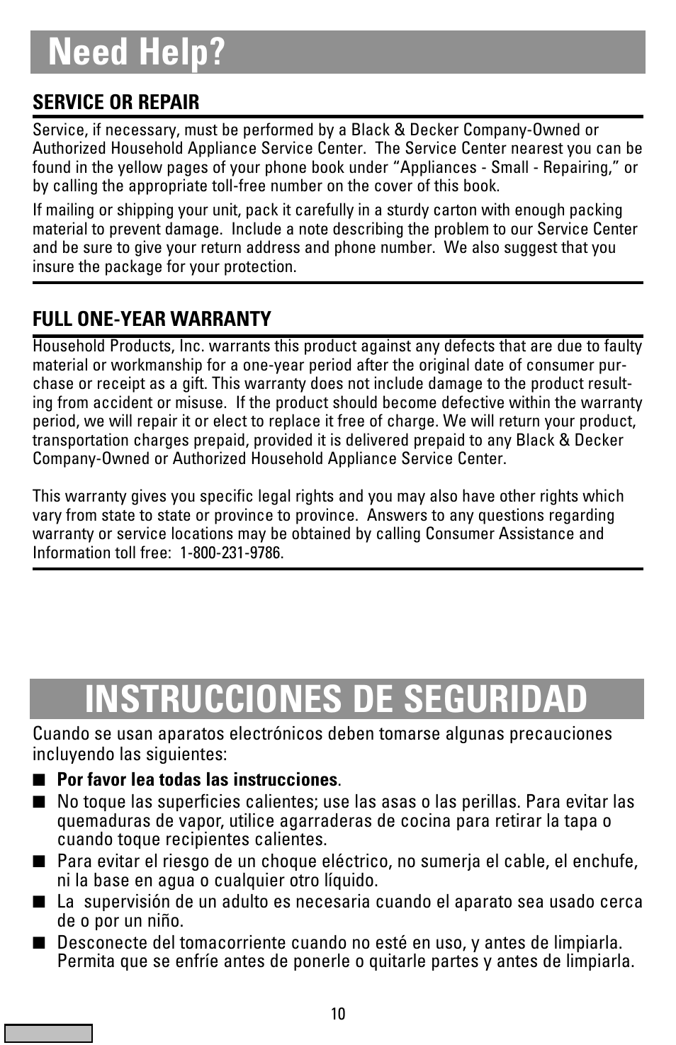 Instrucciones, Vaporizadora/arrocera, Need help? instrucciones de seguridad | Black & Decker HS1776 User Manual | Page 10 / 32