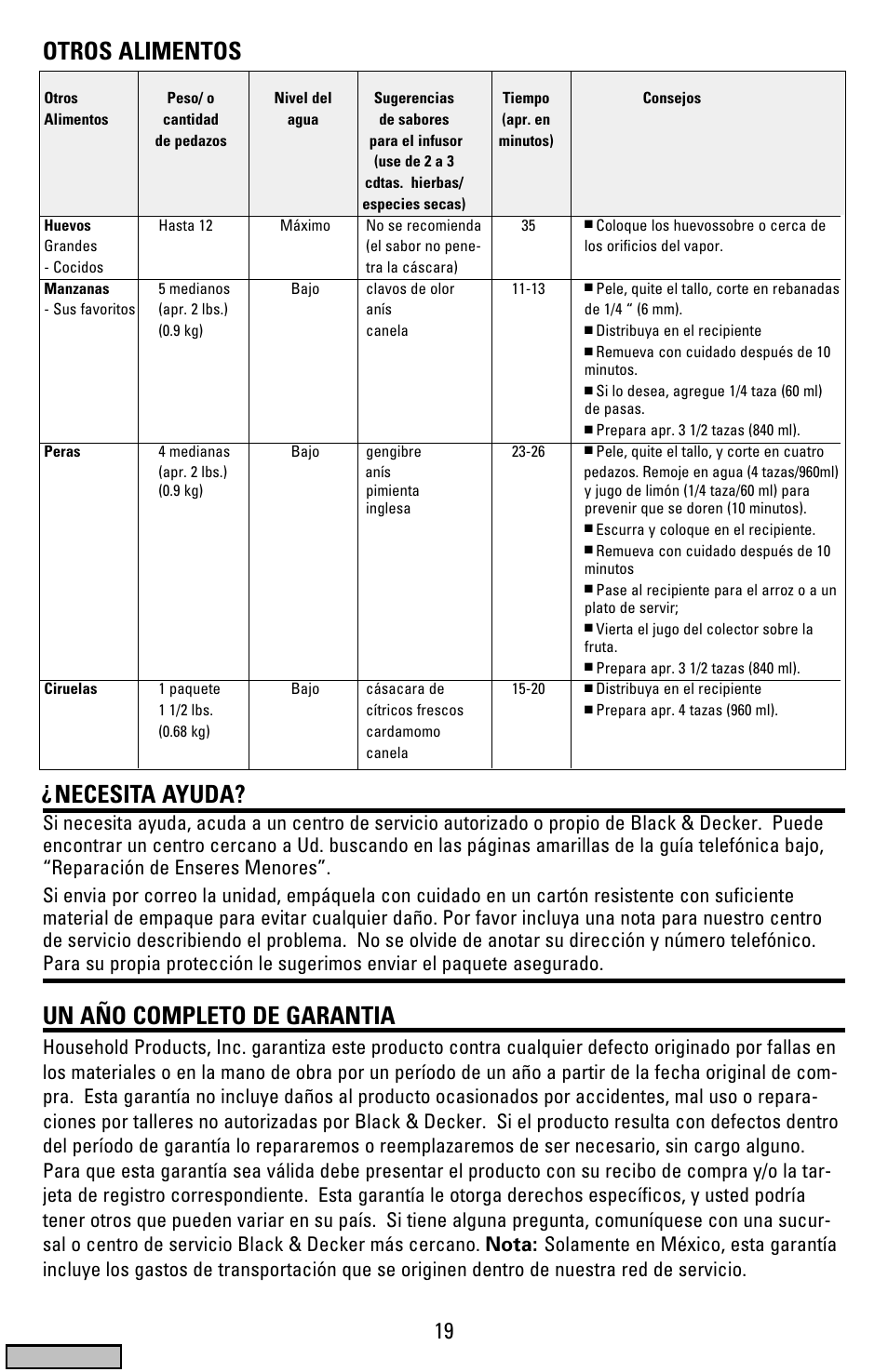 Otros alimentos necesita ayuda, Un año completo de garantia, Cover | Black & Decker HS1776 User Manual | Page 19 / 32